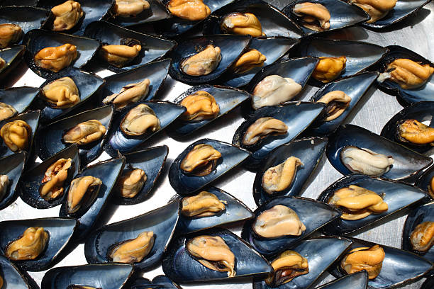 Fresh steamed mussels served in shell with broth or lemon.