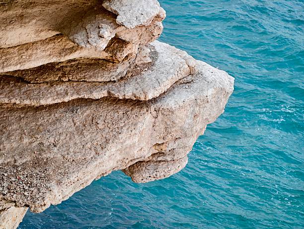 layered limestone ledge over turquoise sea, textured weathered rock face, coastal erosion details, sunlit