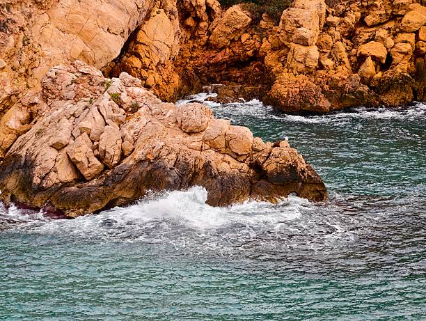 sunlit rocky outcrop with foamy surf and warm tones, dramatic texture and motion at waterline, ideal