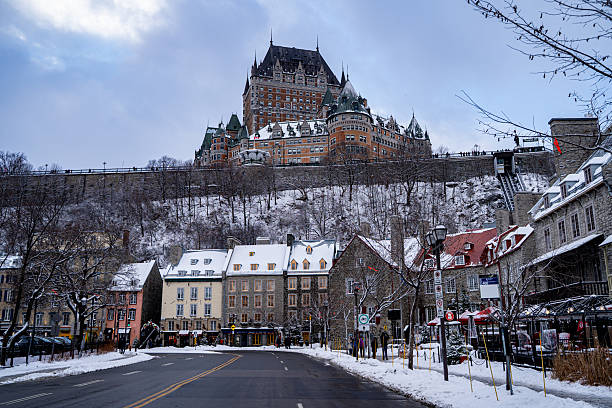 View of Chateau Frontenac from Old Quebec lower town in winter. Quebec City, Canada - December 21, 2025.