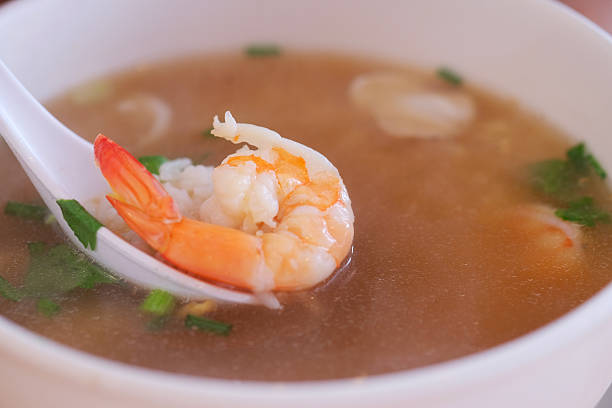Light Protein Soup with Shrimp, Potatoes and Basil.