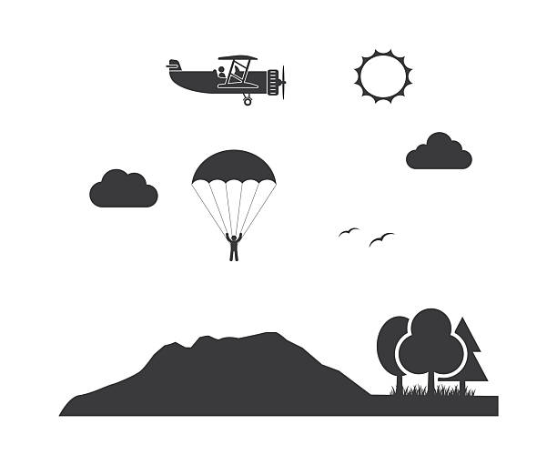 parachutist man with parachute landing on mountain jump from retro airplane fly in cloud sky icon