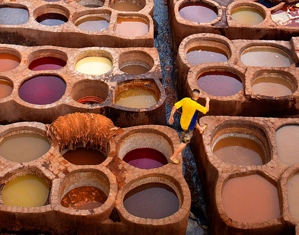 Elevated view of traditional leather tanneries showing rows of stone dye pits filled with natural colors and surrounded by historic buildings. Fez, Medina, Fes-Meknes, Morocco, North Africa
