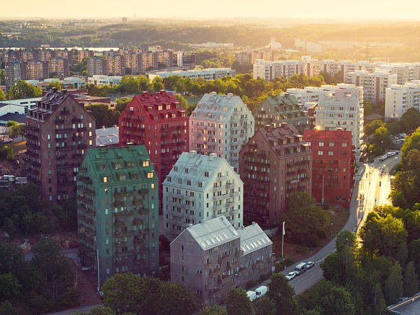 A summer morning at Tingstorget in Alby, Botkyrka - a residential district with modern apartment buildings.