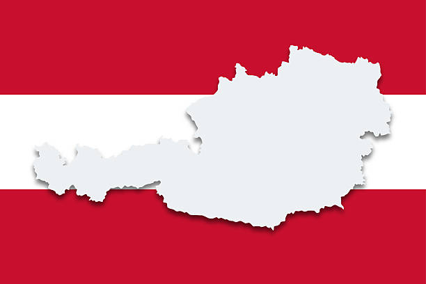 Austria, country silhouette on national flag. Gray outline of Republic of Austria with cast shadow, on horizontal triband with red-white-red stripes, one of the oldest national symbols still in use.