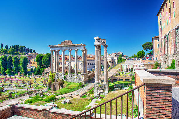The ruins of the Temple of Saturn in the Roman Forum, Italy