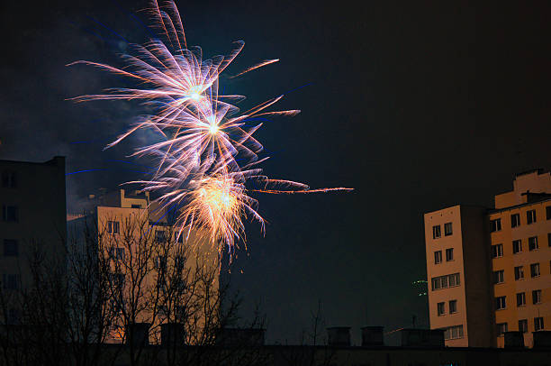Colorful fireworks explode above a dark skyline, reflecting on windows and silhouettes of apartment blocks. The festive scene conveys excitement, celebration, and shared moments of wonder in an urban night setting.