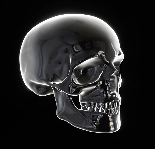 Crystal skull isolated on black background, glowing human skull icon, 3D render illustration.