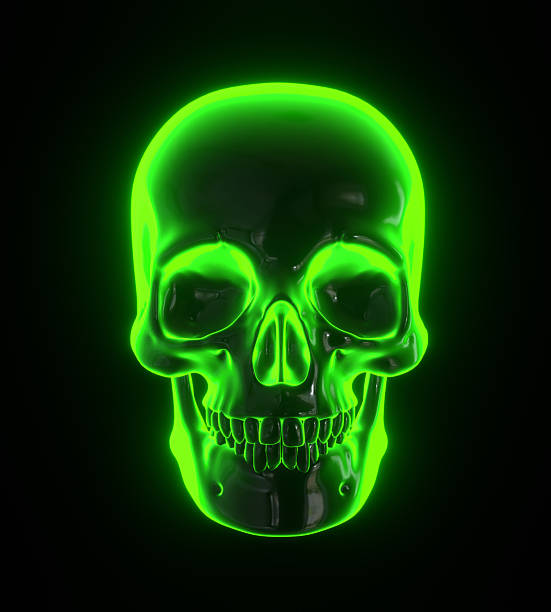 Human skull on black background, front view of skull icon in green glowing color, 3D render illustration.