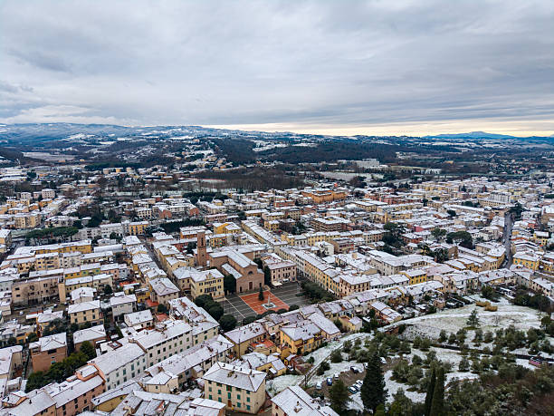 Aerial view of Certaldo, Snow in Tuscan town, Snow in Certaldo