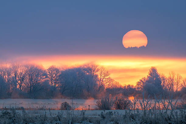 dramatic winter sunrise behind frosty trees, a vibrant winter sunrise glowing intensely behind a row of frost covered trees, warm orange and pink light illuminating the mist above the snowy landscape, with the sun partially obscured by low clouds creating a dramatic and atmospheric scene