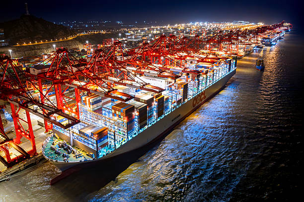 Night picture of a large container ship at Shanghai Yangshan container port