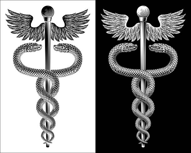 Caduceus staff of Hermes medical or commerce symbol. Snakes around a winged rod. Often used in place of the rod of Asclepius doctor icon for medicine and health care. Vintage woodcut etching style.