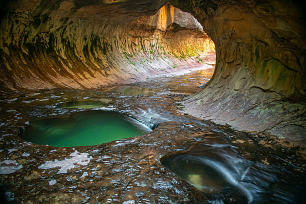 A famous water feature of Zion National Park, The Subway is a story of erosion and the slow trickle of time. Bright green pools of water are a favorite swimming hole for canyoneering enthusiast after a long hot day.