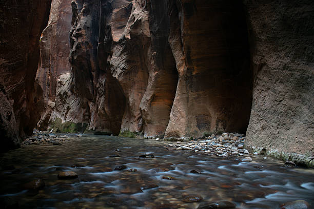 One-thousand-foot sheer cliffs tower over the Virgin River as it flows through Zion National Park. One section of the popular Narrows hike squeezes into a 25-foot-wide gap famously known as \