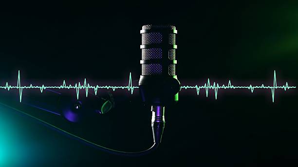 istock Studio microphone with neon turquoise wave line on a dark background for podcasts 2256758831