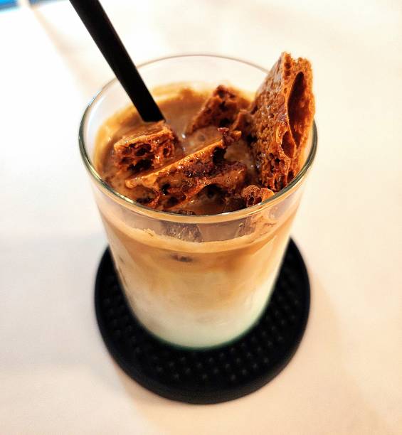 Iced Caffe Latte Topped with Crunchy Honeycomb Toffee and Caramel