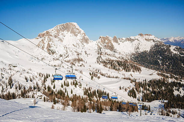 Brunico, Italy – December 14, 2022: A landscape of a ropeway on Kronplatz covered in snow during the sunrise