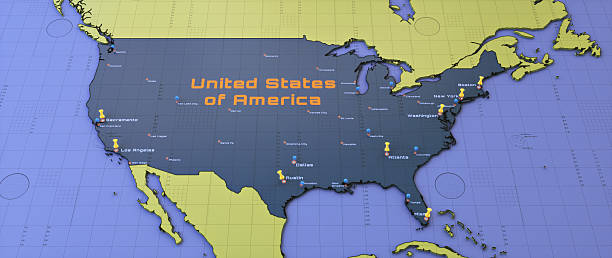 Simple 3D template map of the USA with major city names and no state borders.