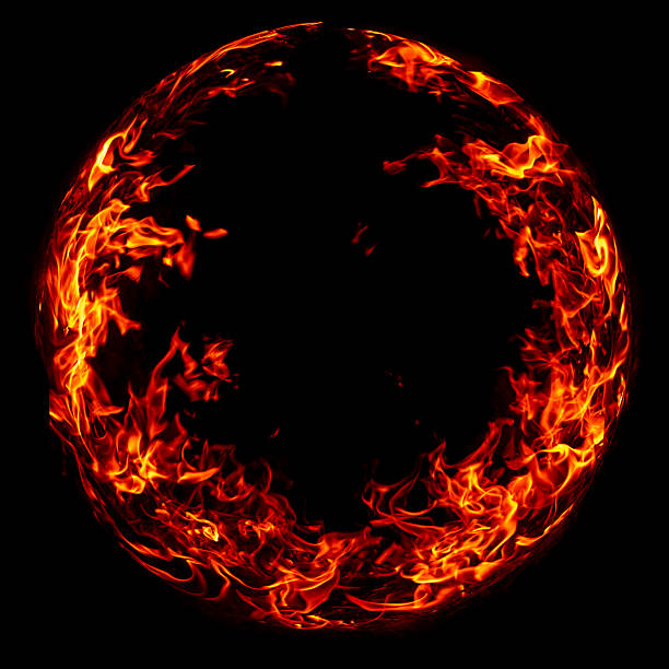 Ring of fire on black background. Burning fire circle with flames. Flame ring isolated on black. Fiery circle with glowing flames overlay. Burning ring of fire effect. Fire sphere. Pupil burning frame