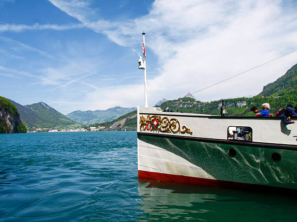 Ruetli, Switzerland - April 28, 2018: passenger boat for navigation and docking.