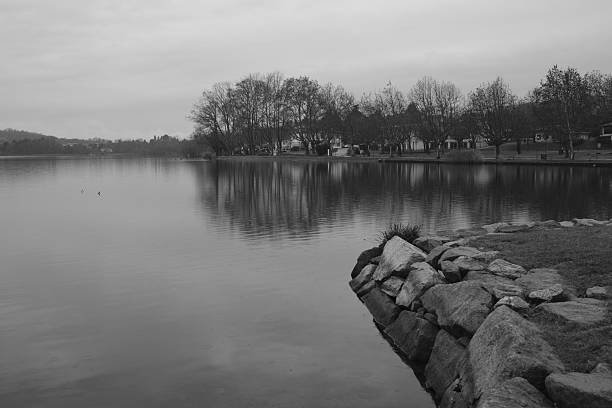Black and white view of a calm lakeside with soft reflections on the water and a stone shoreline in the foreground. The quiet scene, gentle tones, and open space convey stillness, balance, and a contemplative atmosphere.