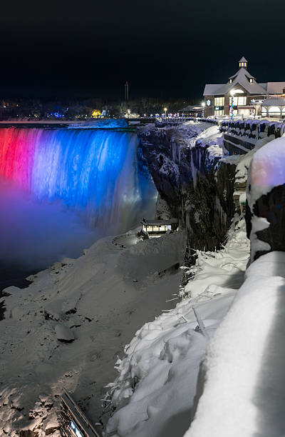 The Canadian Falls known as the Horseshoe Falls or Rainbow Falls in beautiful winter white after a layer of fresh snow has coated the surrounding world.