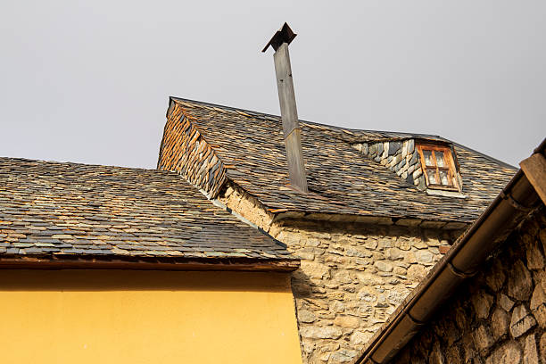 Aran Valley in the Catalonian Pyrenees Lleida Spain typical roofs of slate in the houses