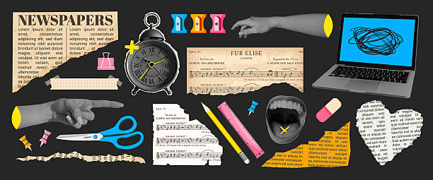 Surreal digital collage with school and communication elements: pointing hands, vintage alarm clock, music sheets from “Für Elise”, stationery items (scissors, ruler, pencil), torn newspapers, laptop with scribbled screen, and a mouth with a yellow X symbol. Perfect for themes of education, chaos, learning process, or expressive art.