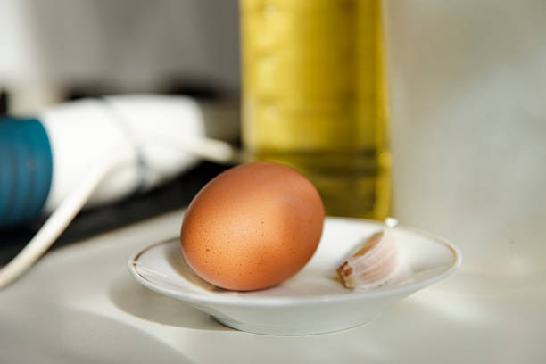 Raw egg and garlic clove placed on a small plate in a domestic kitchen, ready to be used for homemade mayonnaise. Natural ingredients and traditional cooking concept