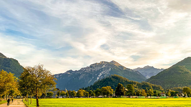 A serene evening view of Höhematte Park in Interlaken, Switzerland. The image captures a vibrant green lawn stretching towards the rugged Harder Kulm and surrounding Alpine mountains under a dramatic sky with streaking cirrus clouds illuminated by the setting sun