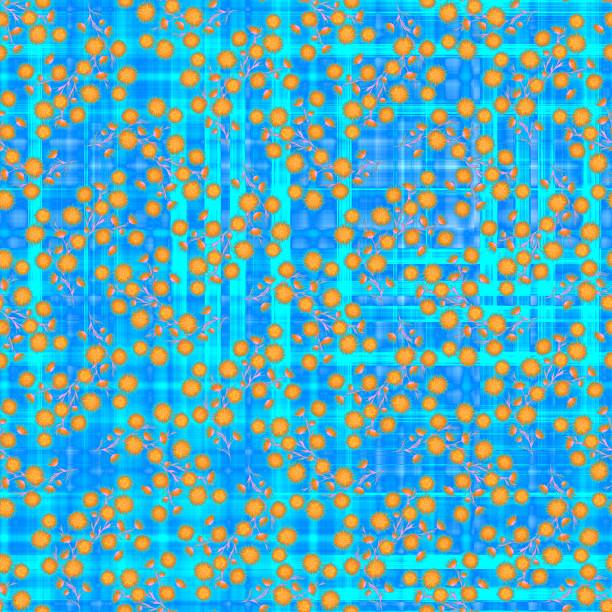 Colorful seamless pattern with orange floral motifs over blue plaid background. Dynamic layering and vibrant contrast suit fashion, accessories, or bold interior accents.