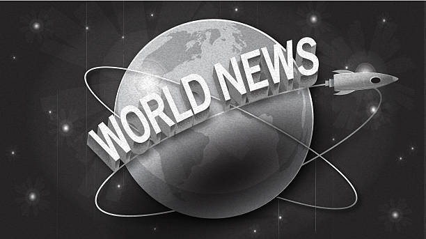 Vector illustration of Atomic age World News alert concept web banner template background design with 3D text around globe on space background. Use for retro style community news and announcements. All fonts expanded. Vector eps and high resolution jpg in download.