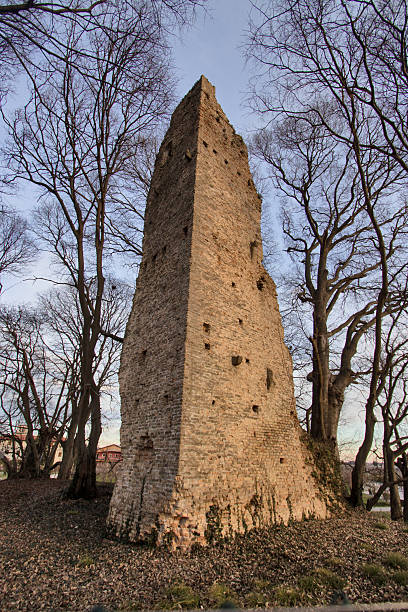 San Polo di Piave, Treviso, Italy: extreme vertical low-angle close-up of the Torre di Rai medieval ruins. The image highlights the texture of the ancient red brick walls, the scaffold holes, and the imposing height of the surviving tower structure against a winter sky.