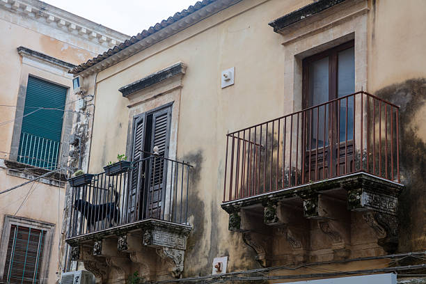 Noto, city declared a UNESCO World Heritage Site (Sicily, Italy). A dog in the balcony.