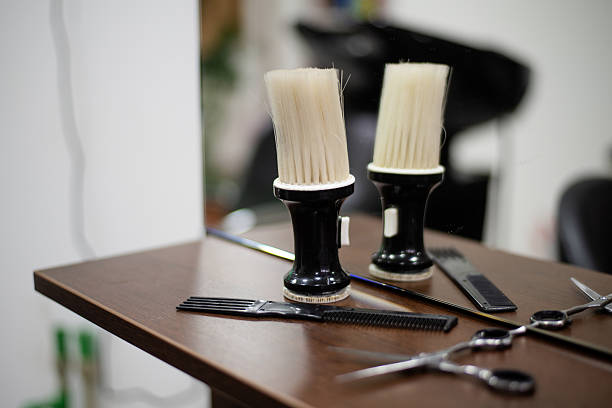 Close-up view of hairdresser's tool on  wooden table