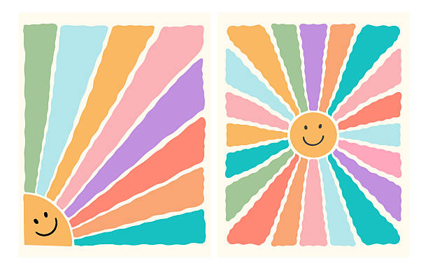 Wavy Groovy Sun Face Vintage Background. Abstract Psychedelic Retro Sunburst Print. Boho Smile Summer Poster. 70s Wavy Rays Vector Illustration. Boho Wave Flower Bg Set. Groovy Print Bundle