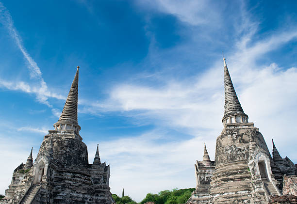 Ancient chedis of Wat Phra Si Sanphet in Ayutthaya Historical Park, Thailand, standing under a bright blue sky with white clouds, representing Thai cultural heritage and the glory of the Ayutthaya Kingdom.