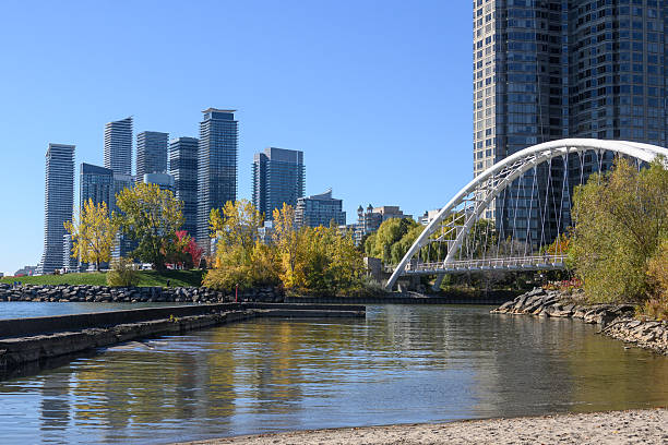 Wooden pier in Marina on Toronto Island in springtime with Toronto cityscape on the background