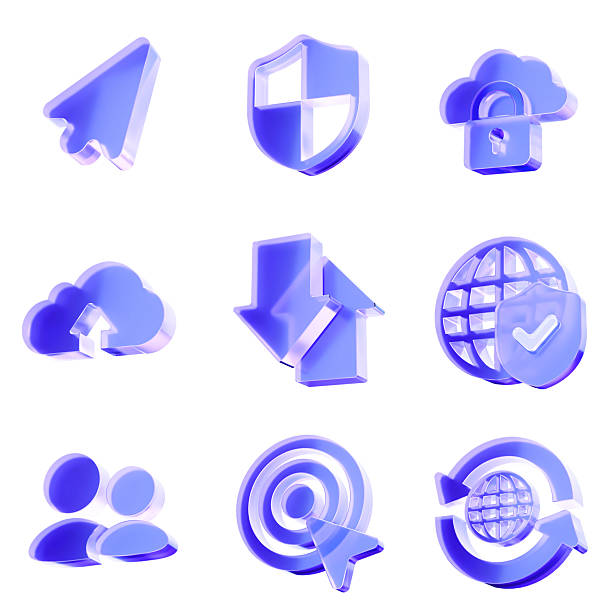 Set of 3D Glass cloud security icon, data protection, network connection and user access concept. Transparent liquid Glass icon, glassmorphism icon, crystal clear. 3d illustration.