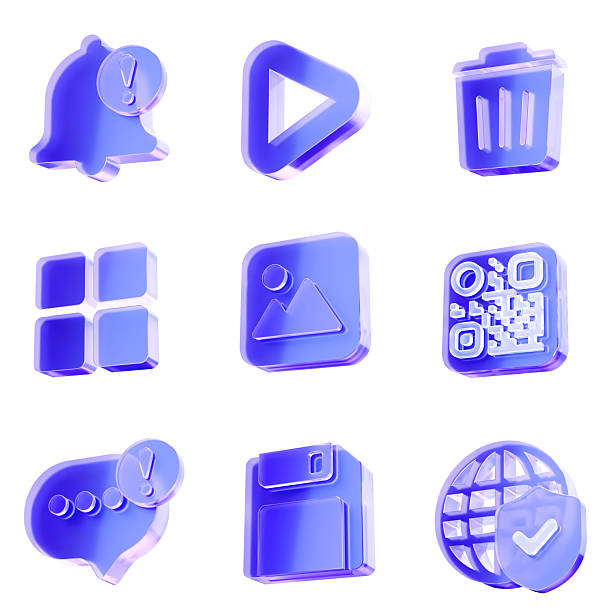 Set of 3D Glass media interface icon, play control, content management and verification concept. Transparent liquid Glass icon, glassmorphism icon, crystal clear. 3d illustration.