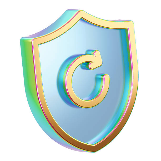 A bright, iridescent shield bearing an outline round arrow symbol conveys protection and security for digital cycle, repetition, improvement and update concepts