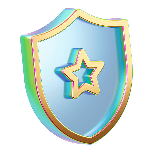 A vibrant, iridescent shield emblem features a golden star at the center, symbolizing protection, achievement, and trust. Ideal for awards, security services, and brand badges in digital and print use.