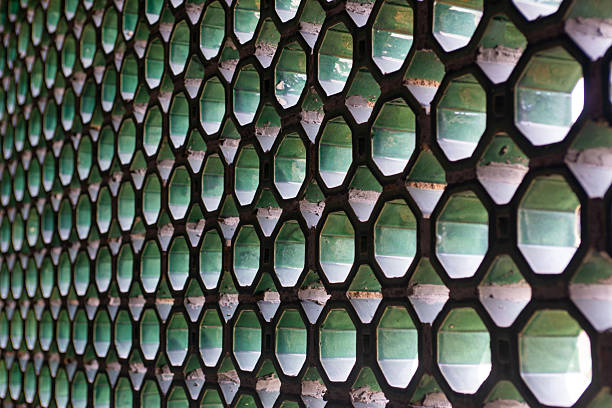 Close up of windows in classical Chinese red brick buildings