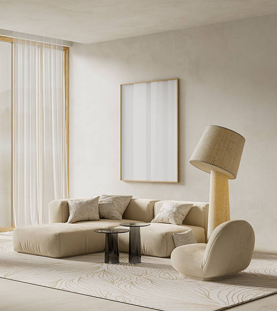 istock Minimal living room interior with mock up poster frame, soft neutral colors and modern furniture creating a calm, elegant and contemporary wall presentation. 3D illustration 2256845955