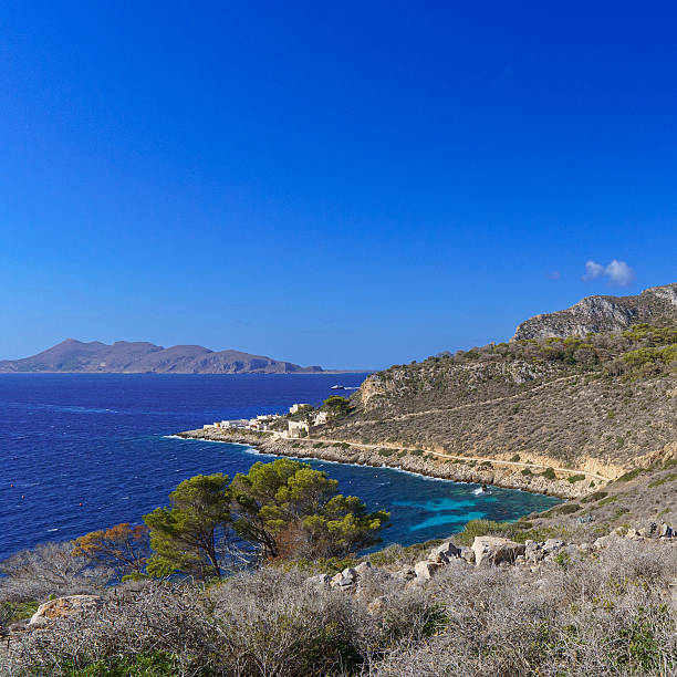 An elevated geographic perspective of the Levanzo coast, showing the harsh, arid scrubland giving way to a small coastal settlement and a protected bay area with marine clarity, typical of the Aegadian Islands.