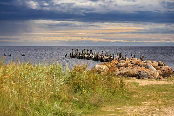 Sandy beach at the Rigas bay in the town Engure, Latvia