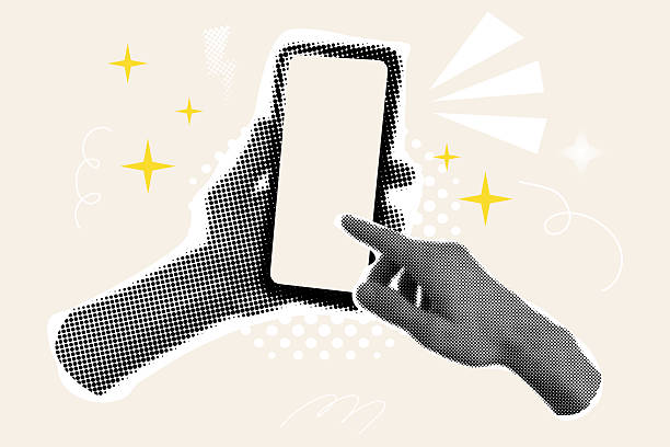 Phone in hand cutout halftone collage elements. Pop art set retro phone with empty screen sticker. Social media poster. App cover mockup. Smartphone blank display. Vector illustration