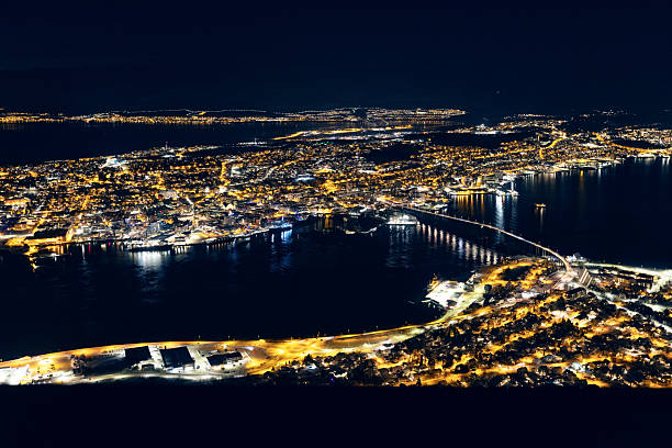 High angle view of the city of Tromso, Norway, in a winter night.