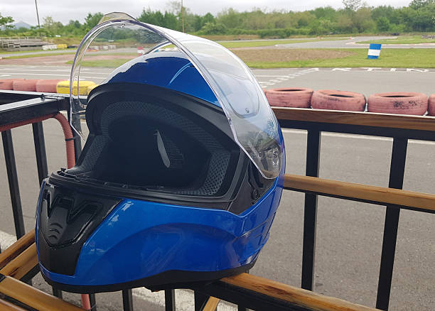 a Blue racing helmet close-up outdoor